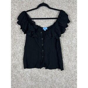 CeCe Women’s Black Ruffle Off Shoulder Blouse Button Front Lightweight Casual To
